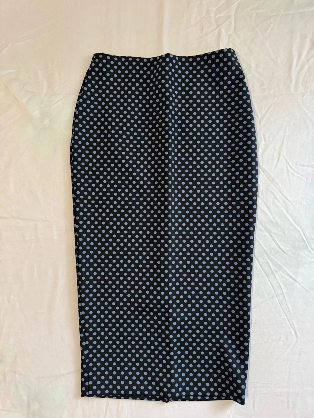 F&F Black Stretchy Midi Pencil Skirt with Light Blue Polka Dots Size S